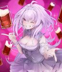  1girl ahoge alcohol bare_shoulders beer beer_mug breasts cleavage cleavage_cutout clothing_cutout corset cup dirndl dress fate/grand_order fate_(series) genshu_doki german_clothes grin highres long_hair looking_at_viewer medium_breasts merlin_(fate/prototype) mug one_eye_closed pointy_ears purple_eyes scrunchie smile solo white_dress white_hair wrist_scrunchie 