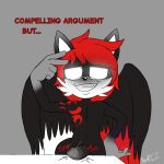  1:1 anthro beastly_z5 canid canine canis digital_media_(artwork) english_text fair_argument_(meme) feathered_wings feathers fur genitals hair hi_res male mammal meme mobian_wolf nude pose red_hair simple_background smile smirk solo text thwap white_eyes wings wolf xion_archaeus 