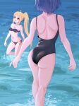  2girls absurdres ahoge ass back backless_swimsuit bikini black_bikini black_one-piece_swimsuit blonde_hair blue_hair bocchi_the_rock! feet_out_of_frame highres ijichi_nijika kneepits median_furrow mtoan multiple_girls one-piece_swimsuit outdoors shoulder_blades side_ponytail swimsuit wading yamada_ryo 