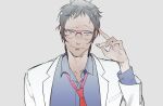  1boy adachi_tooru blue_eyes blue_shirt closed_mouth collared_shirt commentary_request furrowed_brow glasses grey_background grey_hair hand_up jacket kaninn long_sleeves looking_at_viewer male_focus necktie persona persona_4 red_necktie shirt short_hair simple_background smile solo upper_body white_jacket 
