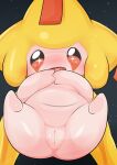  absurd_res black_background female front_view generation_3_pokemon genitals hi_res humanoid jirachi legendary_pokemon legs_up looking_at_viewer nintendo open_mouth pokemon pokemon_(species) pussy simple_background solo star_eyes type white_body yellow_body 