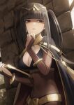  1girl black_cape black_hair bodystocking book breasts bridal_gauntlets brown_eyes cape cleavage covered_navel fagi_(kakikaki) fire_emblem fire_emblem_awakening gold_bracelet gold_trim hand_up highres holding holding_book large_breasts looking_to_the_side parted_lips solo stone_wall tharja_(fire_emblem) tiara two_side_up wall 