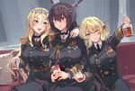  3girls alcohol alternate_costume arm_up artist_name black_bow black_jacket black_necktie black_pants blonde_hair blue_eyes blush bow braid breasts brown_hair buttons closed_mouth collared_shirt colorado_(kancolle) commentary_request couch cup double-breasted epaulettes headgear highres himeyamato holding holding_cup jacket kantai_collection large_breasts long_hair medal military_uniform mixed-language_commentary multiple_girls nagato_(kancolle) necktie nelson_(kancolle) pants red_hair shirt short_hair smile teeth uniform upper_teeth_only whiskey white_shirt 