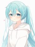  1girl :3 absurdres blue_eyes blue_hair blush hatsune_miku heart highres hood hoodie long_hair looking_at_viewer smile solo twintails upper_body vocaloid white_background yomiya_yumeha 