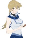  1girl bare_shoulders blonde_hair breasts brown_eyes card duel_academy_uniform_(yu-gi-oh!_gx) hair_between_eyes holding holding_card looking_at_viewer rourou_ill shirt sleeveless sleeveless_shirt smile solo tenjouin_asuka upper_body white_background white_shirt yu-gi-oh! yu-gi-oh!_gx 