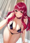  1girl :p bare_arms bare_shoulders bikini black_bikini blush breasts choker commentary_request curtains fire_emblem fire_emblem_engage highres large_breasts long_hair looking_at_viewer navel purple_choker red_eyes red_hair sidelocks solo stomach swimsuit tara_(szzj7733) thighs tongue tongue_out very_long_hair yunaka_(fire_emblem) 