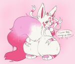  after_vore ambiguous_gender anus big_butt big_tail blush blush_lines butt butt_focus butt_grab dialogue eeveelution feral fur generation_6_pokemon goo_creature growth hand_on_butt hi_res highlights_(coloring) implied_growth looking_back nintendo nonbinary_(lore) open_mouth parfait_(yesthisisgoocat) pawpads pink_highlights pink_pawpads pokemon pokemon_(species) solo speech_bubble sylveon tail thick_thighs transtorracat vore white_body white_fur 