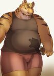  2023 anthro arufina_w belly big_belly bodily_fluids bottomwear clothing felid hi_res humanoid_hands kemono mal male mammal overweight overweight_male pantherine shirt shorts solo_focus sweat tiger topwear 