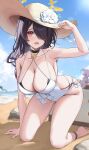  1girl absurdres bare_shoulders barefoot beach black_choker black_hair blue_archive blurry blush braid braided_ponytail breasts choker cleavage collarbone covered_navel depth_of_field hair_over_one_eye halo hat hat_ornament highres hinata_(blue_archive) hinata_(swimsuit)_(blue_archive) kneeling large_breasts long_hair official_alternate_costume one-piece_swimsuit one_eye_covered open_mouth outdoors red_eyes samart solo swimsuit thighs water white_one-piece_swimsuit yellow_halo yellow_headwear 