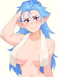  1girl arm_up artist_name blue_hair blush breasts closed_mouth collarbone commentary english_commentary hair_between_eyes hand_in_own_hair highres large_breasts long_hair looking_at_viewer navel nude original pink_eyes pointy_ears rob_ishi shiny_skin simple_background smile solo towel towel_around_neck upper_body wavy_mouth white_background 