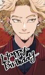  1boy black_shirt blonde_hair boku_no_hero_academia brown_eyes collared_shirt facial_hair goatee grey_background happy_birthday hawks_(boku_no_hero_academia) jacket looking_to_the_side male_focus red_jacket red_wings rnuyvm shirt solo upper_body wings 