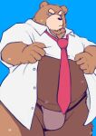  2023 anthro asian_clothing bear belly black_nose blue_background bodily_fluids brown_body clothed clothing clothing_lift east_asian_clothing fundoshi hi_res humanoid_hands japanese_clothing kemono male mammal necktie overweight overweight_male shirt shirt_lift simple_background solo sweat topwear underwear yaoyasohachi 