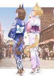  2girls absurdres admire_vega_(umamusume) alternate_costume alternate_hairstyle animal_ears blonde_hair blue_kimono bow bracelet brown_footwear brown_hair commentary_request ear_covers floral_print full_body hair_bun highres horse_ears horse_girl horse_tail japanese_clothes jewelry kimono long_sleeves looking_back multiple_girls narita_top_road_(umamusume) nike obi open_mouth outdoors photo_background ponytail red_eyes sash shoes silenxe single_ear_cover smile sneakers tail tail_through_clothes teeth umamusume upper_teeth_only white_bow white_footwear white_kimono 