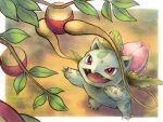  animal_focus berry_(pokemon) border branch claws fangs highres ivysaur no_humans nostrils open_mouth outdoors plant pokemon pokemon_(creature) red_eyes solo standing vines white_border yoshika_(kotorizinbei) 