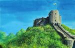  absurdres aerial_(aerial_30) building castle day grass highres no_humans original painting_(medium) plant scenery stone_wall traditional_media tree wales wall 