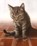  animal cat light no_humans original painting_(medium) realistic shadow still_life tile_floor tiles traditional_media white_background yk_funa 