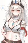  1girl arknights bare_shoulders blush breasts cleavage closed_mouth commentary cosplay grey_background grey_hair hair_between_eyes highres horns hyeroin kirin_(armor) kirin_r_yato_(arknights) kirin_r_yato_(arknights)_(cosplay) large_breasts long_hair looking_at_viewer monster_hunter_(series) mudrock_(arknights) navel pointy_ears red_eyes simple_background solo spoken_sweatdrop sweat sweatdrop very_long_hair yato_(arknights) 