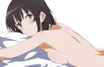  1girl absurdres blush breast_press breasts brown_eyes brown_hair closed_mouth commentary_request completely_nude highres katou_megumi looking_to_the_side lying nude on_bed on_stomach pillow saenai_heroine_no_sodatekata short_hair shou937 simple_background small_breasts smile solo white_background 