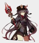  1girl black_nails blue_ribbon brown_coat brown_hair brown_headwear brown_shorts coat coattails cropped_legs flower genshin_impact hair_between_eyes hair_flaps hat hat_flower hat_ribbon hat_tassel highres holding holding_polearm holding_weapon hu_tao_(genshin_impact) jewelry long_hair long_sleeves looking_at_viewer low_twintails merry-san multiple_rings open_mouth plum_blossoms polearm red_eyes red_flower red_shirt ribbon ring shirt shorts sidelocks solo staff_of_homa_(genshin_impact) talisman tassel twintails very_long_hair weapon 