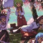  4girls animal_ears arm_up ascot bench bento black_eyes black_headwear black_skirt blue_hair blush bottle bow bowl bowtie brown_hair buttons capelet cherry_blossoms chopsticks clenched_hand closed_eyes collared_vest commentary_request cropped day dress drill_hair drooling dutch_angle falling_petals fins floral_print flower frilled_ascot frilled_capelet frilled_shawl frilled_skirt frilled_sleeves frills green_hair green_kimono hagoromo half-closed_eyes hand_on_own_cheek hand_on_own_face hat hat_bow hat_ribbon head_fins holding holding_umbrella howhow_notei hugging_object imaizumi_kagerou japanese_clothes kazami_yuuka kimono long_dress long_hair long_sleeves looking_at_another medium_skirt mouth_drool multiple_girls nagae_iku nervous_smile nose_blush open_clothes open_mouth open_vest outdoors outstretched_arm pants parasol parted_lips petals pink_flower plaid plaid_vest purple_hair red_bow red_bowtie red_dress red_eyes red_pants red_ribbon red_vest ribbon sake_bottle second-party_source shawl shirt short_hair skirt sky sleeping smile soaking_feet solid_oval_eyes spring_(season) sweatdrop tail touhou tree two-tone_dress umbrella vest wakasagihime wavy_hair white_capelet white_dress white_shirt white_umbrella wolf_ears wolf_tail yawning yellow_ascot 
