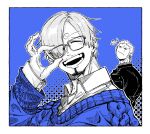  2boys :/ ^_^ adjusting_eyewear bespectacled blue_theme closed_eyes facial_hair facing_viewer glasses goatee hair_over_one_eye highres layered_shirt male_focus monochrome multiple_boys notice_lines one_piece roronoa_zoro sanji_(one_piece) short_hair smile solo_focus spot_color sweater upper_body vodka_(kahlua_and_gin) 
