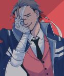  1boy ace_attorney apollo_justice bandage_over_one_eye bandaged_arm bandaged_fingers bandaged_hand bandages black_necktie blue_jacket brown_hair closed_eyes collared_shirt crying hand_over_eye hand_up high_collar jacket jacket_on_shoulders kiro_iroiro lapel_pin lapels male_focus necktie one_eye_covered parted_lips red_background red_vest sad_smile shirt short_hair simple_background solo upper_body vest white_shirt 