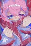  1boy absurdres blue_background blue_eyes blush blush_stickers bright_pupils hair_between_eyes heterochromia highres holding_tentacle hood hoodie long_sleeves looking_at_viewer male_focus original pink_hair raito-kun_(uenomigi) red_eyes short_hair simple_background slime_(substance) slimy solo tentacles uenomigi white_hoodie white_pupils 