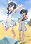  2girls arms_up barefoot beach black_hair blue_eyes blue_sailor_collar blue_sky bob_cut cloud commentary_request daitou_(kancolle) day dress hat hiburi_(kancolle) highres jumping kantai_collection low_ponytail multiple_girls outdoors sailor_collar sailor_dress sailor_hat short_hair short_sleeves sky standing white_dress white_headwear yashin_(yasinz) 