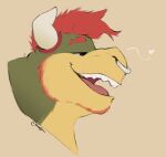  &lt;3 2023 anthro beard bowser bowser_day eyebrows facial_hair facial_piercing hair headshot_portrait hi_res horn koopa male mario_bros minedoo narrowed_eyes nintendo nose_piercing nose_ring open_mouth open_smile piercing portrait ring_piercing scalie side_view simple_background smile solo tan_background teeth text tongue url 