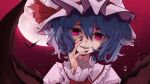  1girl absurdres artist_name bat_(animal) bat_wings blue_hair collared_shirt commentary fangs fingernails frilled_shirt_collar frills full_moon hair_between_eyes hand_on_own_chest hand_up hat hat_ribbon highres hisaeki lips long_sleeves looking_at_viewer mob_cap moon nail_polish parted_lips pink_eyes portrait red_nails red_ribbon remilia_scarlet ribbon shirt short_hair sky smile solo star_(sky) starry_sky teeth touhou upper_teeth_only white_headwear white_shirt wings 