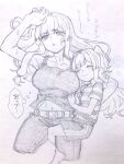  2girls aged_down alternate_costume arm_up armpits belt blunt_bangs blush breasts closed_mouth collarbone commentary_request denim ear_piercing from_above graphite_(medium) greyscale hair_intakes hair_spread_out highres hot hug jeans kotonoha_akane kotonoha_aoi large_breasts long_hair lying midriff_peek monochrome multiple_girls navel on_back one_side_up open_mouth pants piercing shirt short_sleeves shorts sidelocks simple_background sleeping smile striped striped_shirt sweat tank_top toriniku29 traditional_media translation_request voiceroid 