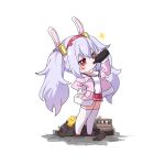  1girl ame. animal animal_ears arm_up azur_lane bird blush_stickers bottle camisole chibi chick commentary_request drinking fake_animal_ears fur-trimmed_jacket fur-trimmed_sleeves fur_trim grey_hair hair_between_eyes hairband hand_on_own_hip highres holding holding_bottle jacket laffey_(azur_lane) long_hair long_sleeves manjuu_(azur_lane) off_shoulder open_clothes open_jacket pink_jacket pleated_skirt rabbit_ears red_eyes red_footwear red_hairband red_skirt shoes simple_background skirt solo sparkle standing strap_slip thighhighs twintails very_long_hair white_background white_camisole white_thighhighs 