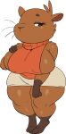  anthro barefoot bottomwear breasts capybara caviid clothing feet female hi_res joaoppereiraus looking_away mammal orange_clothing orange_shirt orange_topwear pam_(joaoppereiraus) rodent shirt side_boob skirt solo topwear 