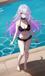  1girl absurdres bare_shoulders barefoot bikini black_bikini black_choker black_survival breasts chiara_(black_survival) choker commission commissioner_upload eternal_return:_black_survival feet frilled_bikini frills highres legs long_hair looking_at_viewer medium_breasts non-web_source pink_eyes pink_hair pool poolside runny_makeup solo standing swept_bangs swimsuit thighs toenails toes wayanfa 