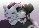  &lt;3 2021 anthro black_clothing black_hair black_sclera black_shirt black_topwear cheek_tuft clothing digital_media_(artwork) duo ear_piercing facial_tuft felid female floppy_ears fur gauged_ear hair kissing_cheek lagomorph leporid lop_ears male male/female mammal mo&#039;nique_(wolfbane154) piercing purple_eyes rabbit romantic romantic_couple shaded shirt topwear tuft white_body white_fur wolfbane154 