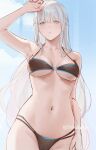  1girl alternate_costume alternate_hairstyle bikini black_bikini blue_eyes blush braid breasts cleavage collarbone commentary english_commentary fate/grand_order fate_(series) french_braid grey_hair hair_between_eyes highres large_breasts long_hair looking_at_viewer morgan_le_fay_(fate) navel rifu_(643763873) solo stomach swimsuit twitter_username 