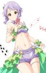  1girl blush breasts card closed_mouth crop_top earrings falling_card green_scrunchie hair_ornament holding holding_card idolmaster idolmaster_million_live! idolmaster_million_live!_theater_days jewelry looking_at_viewer makabe_mizuki midriff navel purple_hair purple_shirt purple_shorts scrunchie shirt short_hair shorts sidelocks simple_background small_breasts solo standing star_(symbol) star_earrings taka_(suigendou) thigh_strap white_background yellow_eyes 