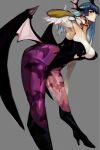  1girl adjusting_hair animal_print aqua_hair ass bare_shoulders bat_print bat_wings bent_over black_footwear black_leotard boots breasts bridal_gauntlets clothing_cutout commentary grey_background head_wings heart_cutout high_heel_boots high_heels large_breasts leotard long_hair low_wings morrigan_aensland pantyhose purple_pantyhose red_eyes sam_wells simple_background vampire_(game) wings 