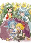  4girls ascot black_skirt black_vest blonde_hair blue_bow blue_eyes blue_hair bow brown_footwear cirno closed_mouth collared_shirt commentary_request detached_wings field flower flower_field geta green_hair hair_bow hair_ribbon heterochromia ice ice_wings juliet_sleeves karakasa_obake kazami_yuuka long_sleeves looking_at_another multiple_girls outdoors parasol puffy_sleeves purple_umbrella red_ascot red_eyes red_ribbon ribbon rumia shirt short_hair skirt smile sunflower take_(takexbeat) tatara_kogasa touhou umbrella vest wings yellow_ascot 