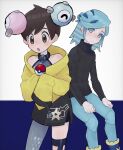  2boys :o black_sweater blue_footwear blush boots brown_eyes brown_hair character_hair_ornament closed_mouth commentary_request cosplay florian_(pokemon) grey_pantyhose grey_shirt grusha_(pokemon) hair_ornament hands_on_own_thighs hands_up highres holding holding_poke_ball iono_(pokemon) iono_(pokemon)_(cosplay) jacket looking_down male_focus multiple_boys pants pantyhose poke_ball poke_ball_(basic) pokemon pokemon_(game) pokemon_sv sana_(37pisana) shirt short_hair single_leg_pantyhose sleeveless sleeveless_shirt star_(symbol) star_print sweatdrop sweater thigh_strap turtleneck turtleneck_sweater yellow_jacket 