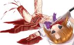  1girl beret bottomless bow bowtie brown_hair clothes_lift death disembowelment dress dress_lift empty_eyes entrails exposed_bone grey_eyes guro hat higurashi_no_naku_koro_ni lying medium_hair nata_(tool) niyemiiii on_back organs parted_lips puddle_of_blood purple_bow ryuuguu_rena severed_arm severed_leg severed_limb short_sleeves simple_background slit_throat solo white_background white_dress white_headwear 