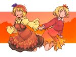  2girls aki_minoriko aki_shizuha apron black_skirt blonde_hair blush collared_shirt fruit_hat_ornament grape_hat_ornament hair_ornament hat hat_ornament leaf_hair_ornament long_sleeves mob_cap multiple_girls open_mouth parted_lips rangycrow red_apron red_eyes red_headwear red_shirt red_skirt shirt short_hair siblings sisters skirt smile touhou wide_sleeves yellow_eyes yellow_shirt 