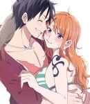  1boy 1girl bare_shoulders bikini bikini_top_only black_hair blush breasts chiya_op closed_eyes closed_mouth collarbone cross_scar earrings embarrassed hair_behind_ear hat highres hug jewelry large_breasts light_blush long_hair monkey_d._luffy nami_(one_piece) one_piece open_clothes open_vest orange_eyes parted_lips pearl_earrings pectorals red_vest scar scar_on_chest shoulder_tattoo single_sidelock smile straw_hat sweatdrop swimsuit tattoo unworn_headwear upper_body vest wavy_hair white_background 