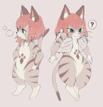  anthro blue_eyes blush blush_lines capcom digitigrade felid felyne female fur hair held_up lynian mammal monster_hunter monster_hunter_stories_2:_wings_of_ruin multicolored_body palico pink_hair pubs_(artist) question_mark simple_background striped_body striped_fur stripes tsukino_(monster_hunter_stories) two_tone_body wide_hips yellow_sclera 