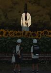  131_nngo 1other 2boys beckoning black_hair commentary faceless flower forest ghost hat highres horror_(theme) long_face long_fingers male_child multiple_boys nature original outdoors plucking_petals realistic robe rust sunflower white_robe 