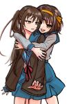  2girls 85bbamboo :d blue_sailor_collar blue_skirt bob_cut brown_cardigan brown_eyes brown_hair cardigan genderswap genderswap_(mtf) hair_ribbon hairband hug hug_from_behind kita_high_school_uniform kyonko long_hair long_sleeves looking_at_another looking_back medium_hair multiple_girls open_cardigan open_clothes open_mouth ponytail red_ribbon ribbon sailor_collar school_uniform serafuku simple_background skirt smile standing suzumiya_haruhi suzumiya_haruhi_no_yuuutsu teeth upper_teeth_only white_background winter_uniform yellow_hairband yellow_ribbon 