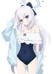  1girl absurdres bare_legs bare_shoulders blue_archive blue_bow blue_hoodie blue_one-piece_swimsuit bow breasts casual_one-piece_swimsuit cleavage collarbone commentary covered_navel cowboy_shot frilled_one-piece_swimsuit frills grey_hair hair_bow halo hand_on_own_head highres hood hoodie long_hair looking_at_viewer miyako_(blue_archive) off_shoulder one-piece_swimsuit ponytail sidelocks simple_background sky_jio small_breasts solo standing swimsuit thigh_gap thighs very_long_hair white_background 