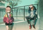  2girls absurdres animal_ears black_choker blue_eyes blurry blurry_background brown_eyes brown_hair choker commission hands_in_pockets hat highres hood hood_up ibaraki_shun jacket looking_at_viewer multicolored_hair multiple_girls open_clothes open_jacket original outdoors railing short_hair sitting skeb_commission standing streaked_hair tree 