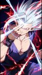  1boy artist_name bb_m0024 black_background black_wristband collarbone commentary_request dougi dragon_ball dragon_ball_super dragon_ball_super_super_hero electricity energy gohan_beast grey_hair hand_on_forehead hand_up highres looking_at_viewer male_focus muscular muscular_male parted_lips pectorals red_eyes sash scratches solo son_gohan spiked_hair twitter_username v-shaped_eyebrows wristband 