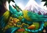  2022 claws day detailed_background digital_media_(artwork) dragon eyebrows eyelashes feathered_dragon feathered_wings feathers fur furred_dragon gaiawolfess grass horn malakhael outside pears plant sky wings 